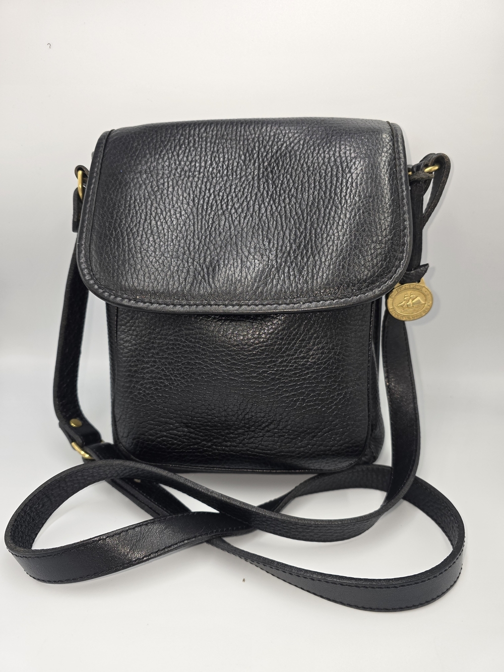 Vintage BRAHMIN Black Pebbled Leather Slim Travel Crossbody Bag Purse Made USA